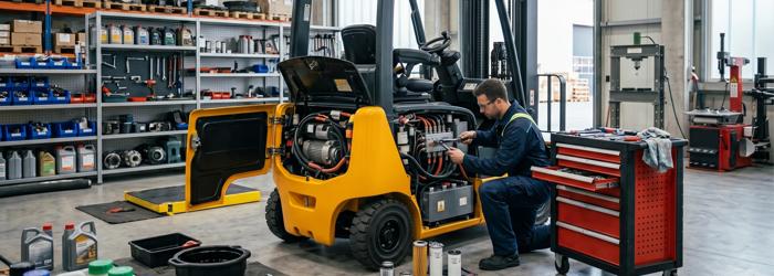 Technician performing maintenance on a forklift in a workshop
